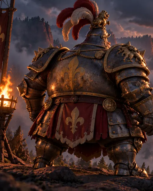 Grimbald in full armour with a spiked mace, overlooking the valley