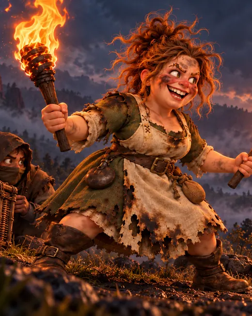 Margery, grinning, with a lit torch in each hand