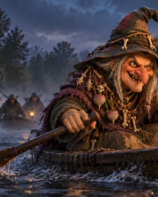 Hexley the river hag, rowing a boat with a lantern