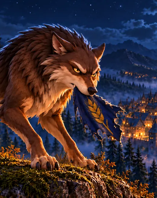 The wolf mother, with a banner in her jaws