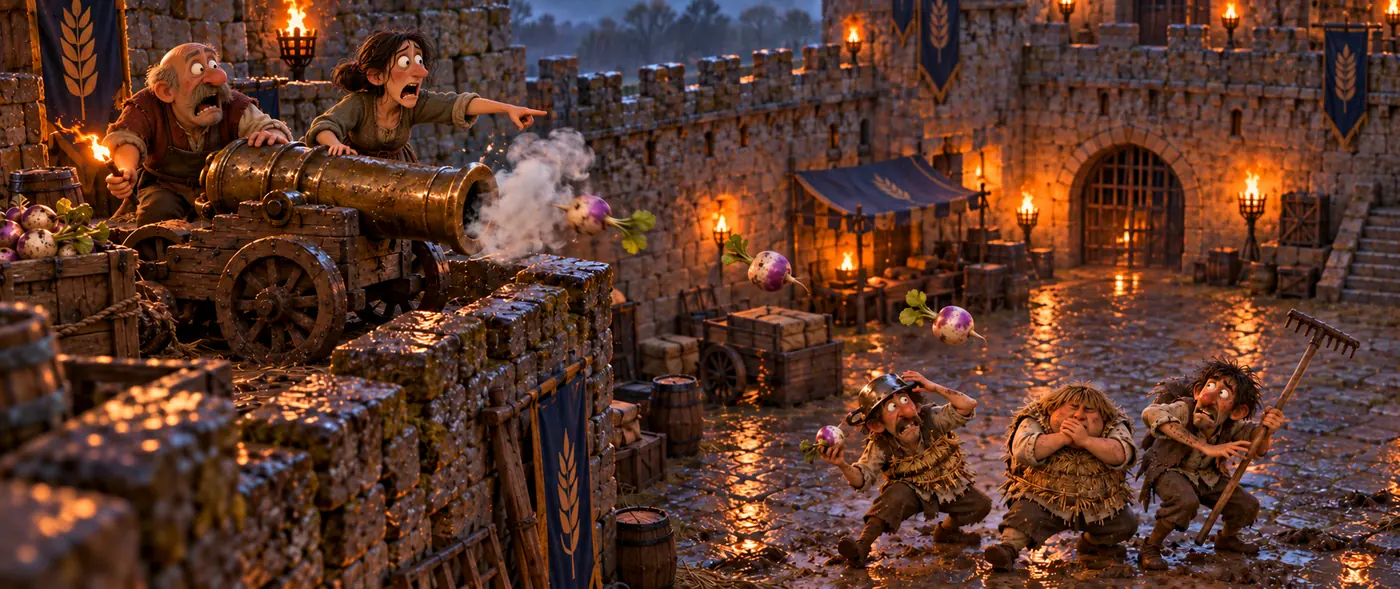 Peasants fire a cannon loaded with turnips from the castle wall